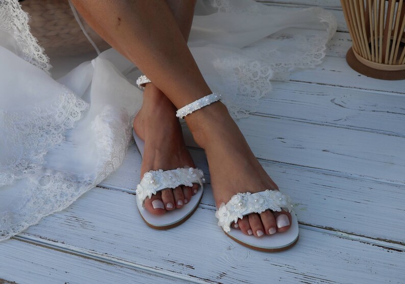 Flat Wedding Sandals Beach Wedding Leather White Wedding | Etsy