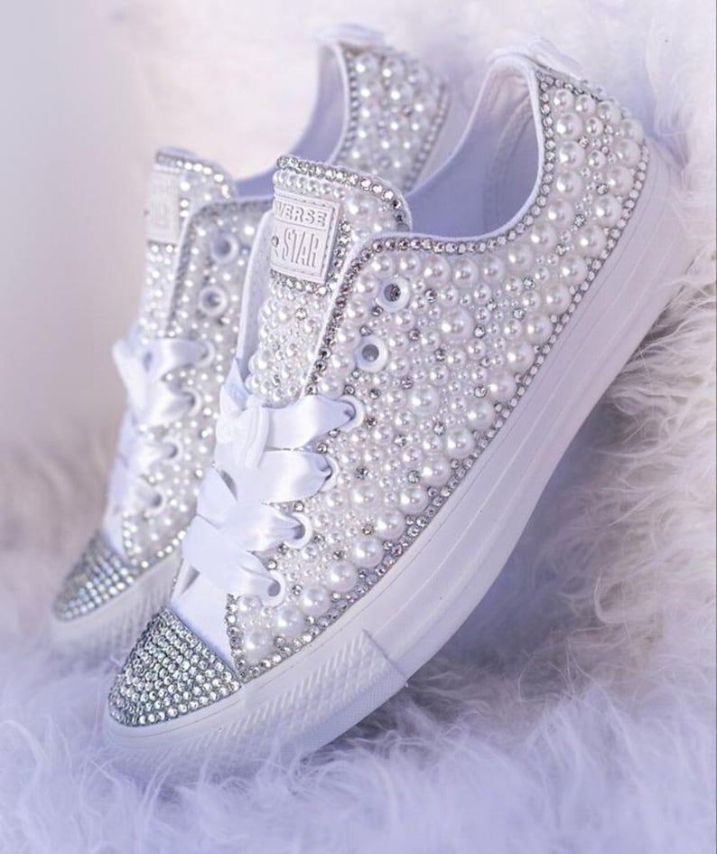 Bling Wedding Converse Bridal Trainers Shoes for bride Silver Crystals with White Pearl Sneakers Personalized Bride Shoe image 1