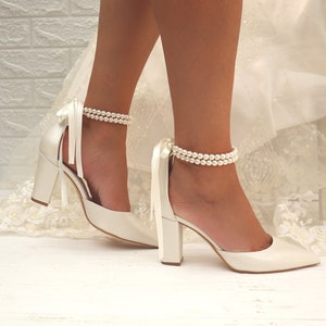 Wedding Shoe For Bride Bridal Wedge shoes Bridal block Heels D'Orsay ankle strap Pearl Heels Bridal Shoes PAOLINA image 5