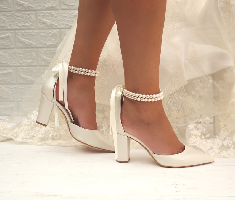 Wedding Shoe For Bride Bridal Wedge shoes Bridal block Heels D'Orsay ankle strap Pearl Heels Bridal Shoes PAOLINA image 5