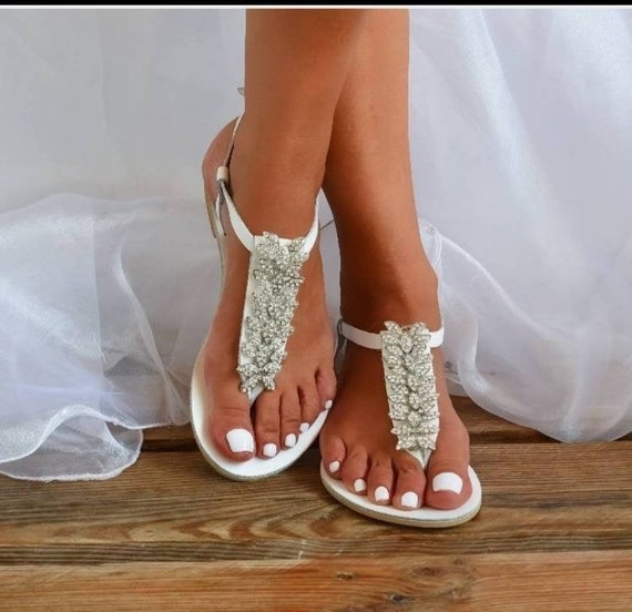 Wedding sandals for bride bridal sandals white leather | Etsy