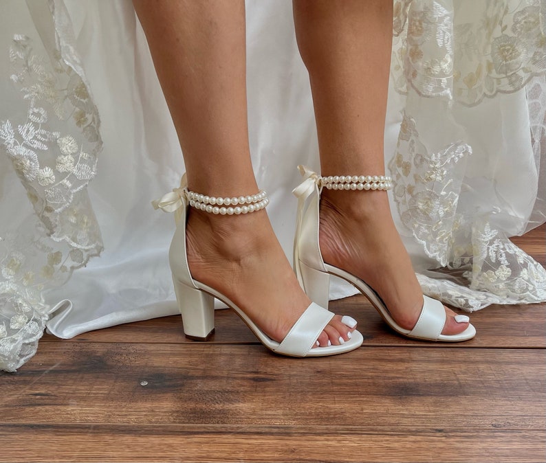 Bridal Shoes Wedding Shoe For Bride Ivory Bridal Wedge shoes White Bridal block Heels Open Toe Shoes with Pearl Ankles ERIETTA image 1