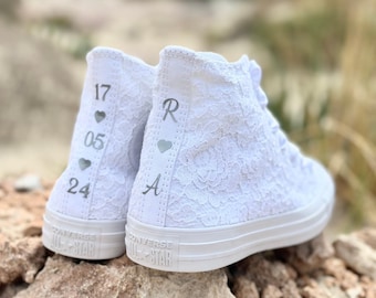 Custom Wedding Converse White Lace High Top, Trainers Sneakers Shoes For Bride, Personalized Bridal