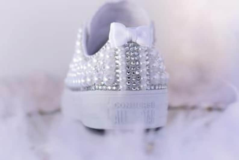 Bling Wedding Converse Bridal Trainers Shoes for bride Silver Crystals with White Pearl Sneakers Personalized Bride Shoe image 2