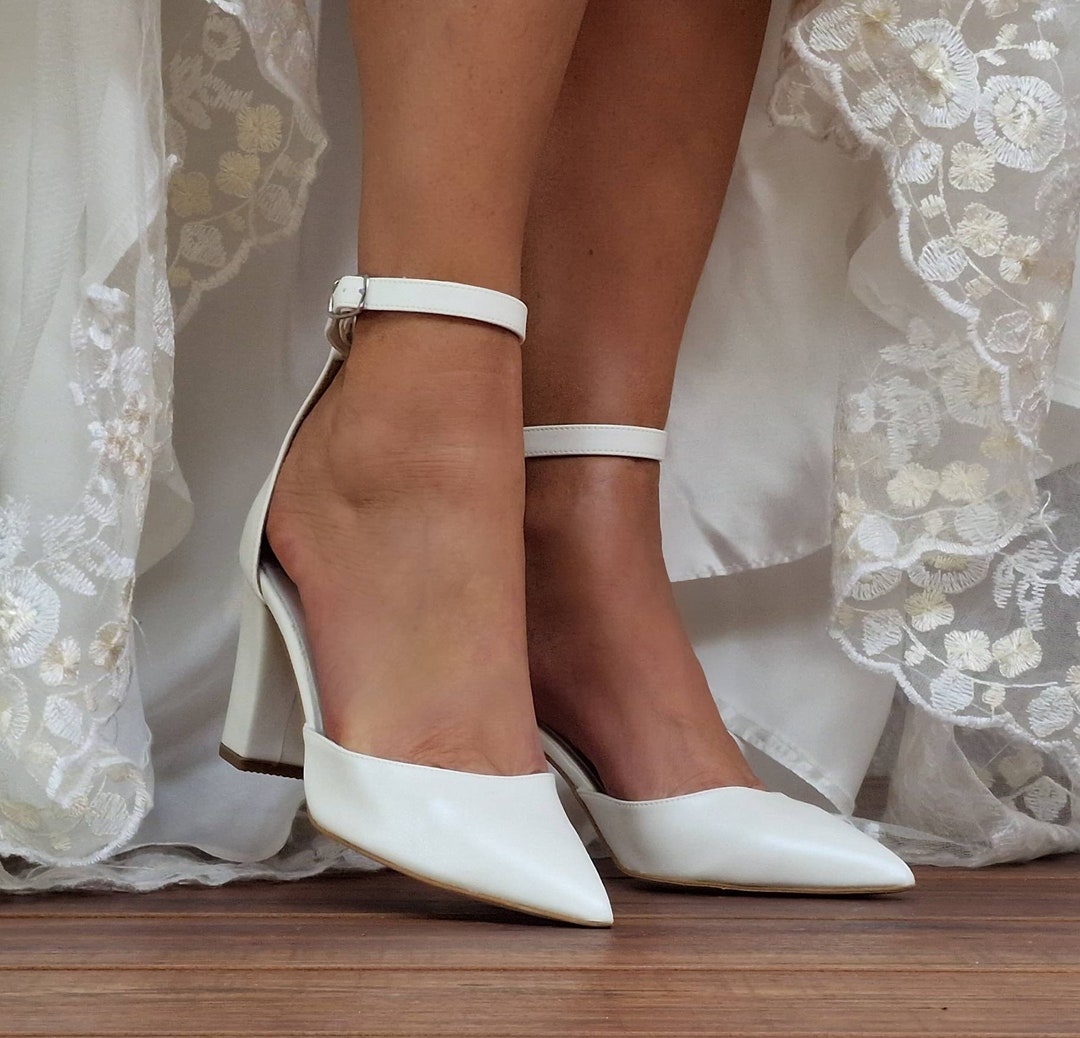D'orsay Ankle Strap Heels Bridal Wedge Shoes White Bridal Block Heels ...