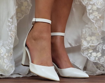 D'Orsay ankle strap heels -  Bridal Wedge shoes - White Bridal block Heels - Bridal shoes - pointed toe - Bridal Shoes "NICHELLE"