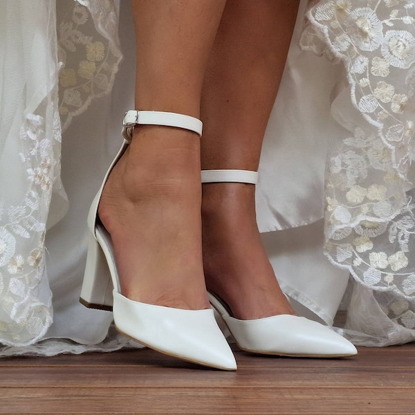 D'Orsay ankle strap heels -  Bridal Wedge shoes - White Bridal block Heels - Bridal shoes - pointed toe - Bridal Shoes "NICHELLE"