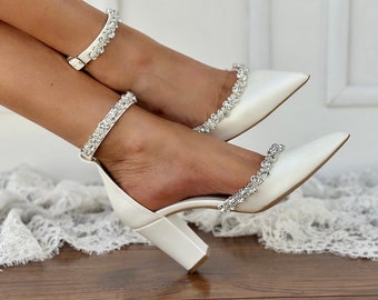 Women's bridal block heels - Handmade WHITE heels -  Wedding shoes - D'Orsay ankle strap heels - Bridal shoes - Ankle strap pumps - PAOLA