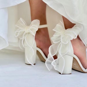 Bridal Shoes -  Block Heel Pearl Shoes with Organza Back Bow- Ivory Bridal Wedge shoes - White Bridal block Heels -   - ANDRIANNA