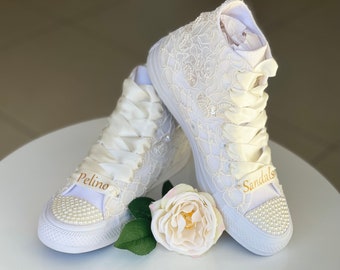 Ivory  Lace Converse Shoes For Bride, White Bridal Converse, Awesome Wedding Trainers Wedding, Converse Low Top Sneakers