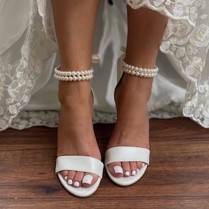 Bridal Shoes Wedding Shoe For Bride Ivory Bridal Wedge shoes White Bridal block Heels Open Toe Shoes with Pearl Ankles ERIETTA image 2