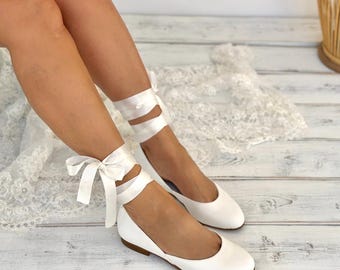 Ballerinas with Satin Laces and Romantic Bow - Handmade Bridal Flat Shoes - Custom Bridal Shoes - BALLET