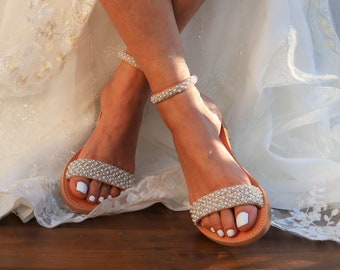 Wedding Sandals - Bridal Shoes - Beach Wedding Sandals - Wedding Shoes - Pearls Wedding Sandals - Wedding Flats Sandals &#39;SUN&quot;