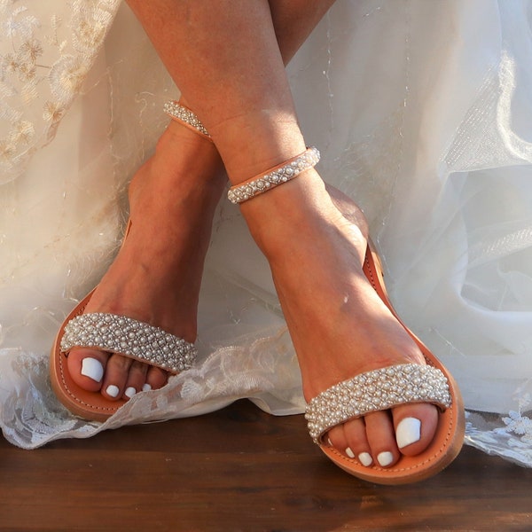 Wedding Sandals - Bridal Shoes - Beach Wedding Sandals - Wedding Shoes - Pearls Wedding Sandals - Wedding Flats Sandals 'SUN"