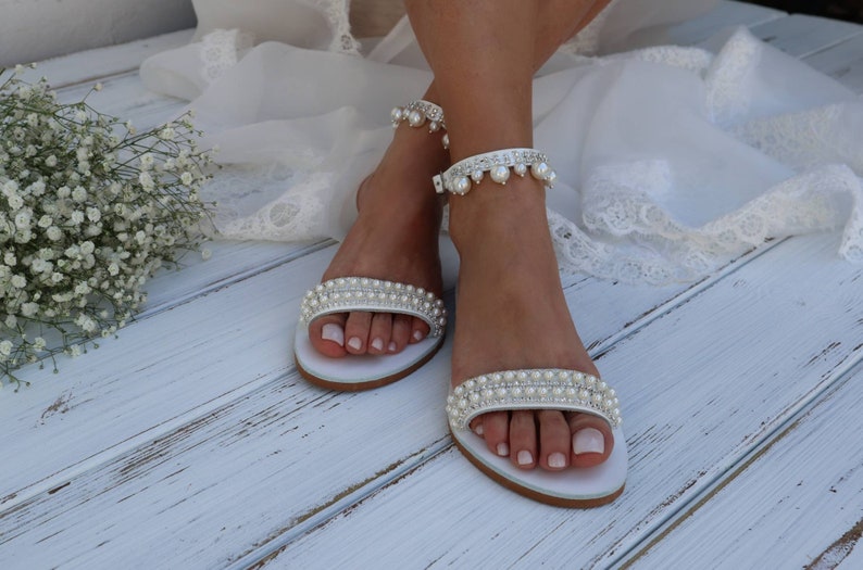 Wedding sandals Bridal Shoes Silver or Gold Pearl Wedding Shoes For Bride Beach Wedding Sandals Hochzeit Sandalen image 6