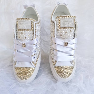 Sneakers wedding Converse -  Bridal Pearls & Crystals Gold - White Bride Original  Converse - Bridel Converse - bride converse shoes