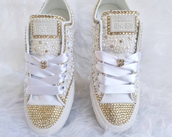 Sneakers wedding Converse -  Bridal Pearls & Crystals Gold - White Bride Original  Converse - Bridel Converse - bride converse shoes