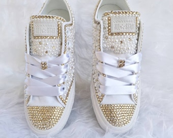 Sneakers wedding Converse -  Bridal Pearls & Crystals Gold - White Bride Original  Converse - Bridel Converse - bride converse shoes