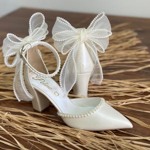 Ivory Bridal Shoes with Closed Toe, Pearls and Organza Back  Bow with Pearls