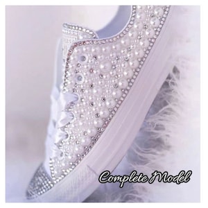 Bling Wedding Converse Bridal Trainers Shoes for bride Silver Crystals with White Pearl Sneakers Personalized Bride Shoe Complete Model