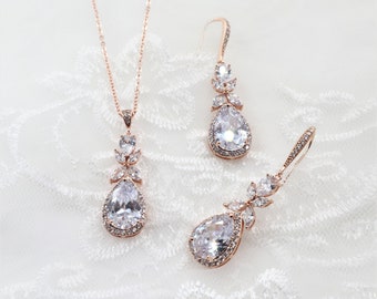 Rose gold Wedding jewelry set, Bridal necklace set, CZ Bridal jewelry, Rose gold Bridal earrings, Bridal bracelet, Wedding earrings