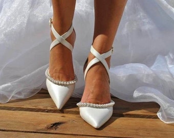 Block heel wedding sandals/ Wedding shoes/ Handmade Block heels/ Bridal pearl heels/ Silver-embellished shoes/ "VICKY"