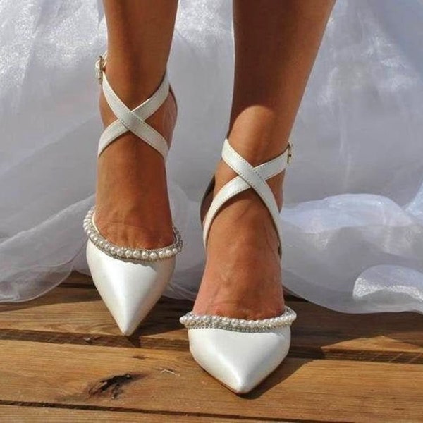 Block heel wedding sandals/ Wedding shoes/ Handmade Block heels/ Bridal pearl heels/ Silver-embellished shoes/ "VICKY"