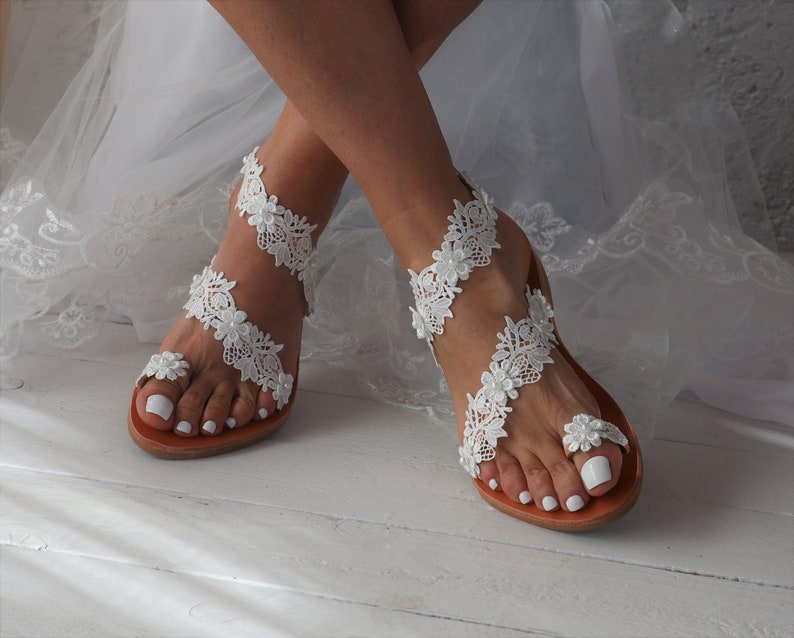 Wedding sandals - White Lace wedding shoes - Beach wedding - Leather Sandals - Wedding flats Ivory Lace - Barefoot Sandals - Bridal Shoes 