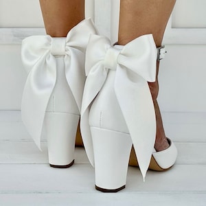 Bridal Block Heels shoes with bow - D'Orsay ankle strap heels - White Shoes for bride - Women's Wedding shoes "AMARYLLIS"