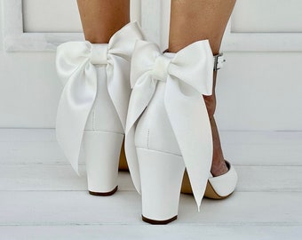 Bridal Block Heels shoes with bow - D'Orsay ankle strap heels - White Shoes for bride - Women's Wedding shoes "AMARYLLIS"