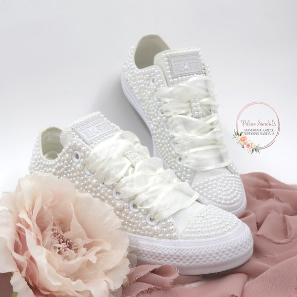 White  Bride Original  Converse - Pearls Converse For Bride - Custom Wedding Shoes For Dancing - Destination Wedding Shoes