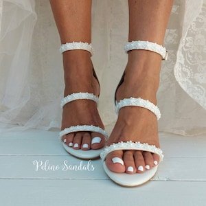 Block heel white wedding sandals/  Bridal romantic heels/ Wedding flower shoes pearl heels/ "NINA"