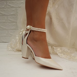 Wedding Shoe For Bride Bridal Wedge shoes Bridal block Heels D'Orsay ankle strap Pearl Heels Bridal Shoes PAOLINA image 4