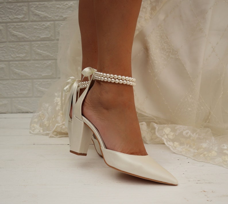 Wedding Shoe For Bride Bridal Wedge shoes Bridal block Heels D'Orsay ankle strap Pearl Heels Bridal Shoes PAOLINA image 4