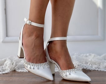 Bridal Shoes Block Heels - Off White Heels - wedding shoes - D'Orsay ankle strap heels - Silver crystals-embellished shoes - PATTY
