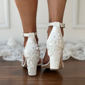 Block heel white wedding sandals/ IVORY Bridal heels with lace/ Wedding shoes/ pearlized white heels/ AVA image 7