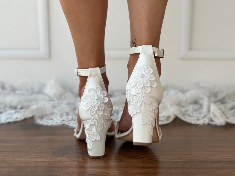 Block heel white wedding sandals/ IVORY Bridal heels with lace/ Wedding shoes/ pearlized white heels/ AVA image 7