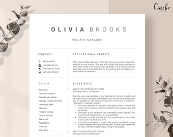 May include: A resume template with a beige background and a black and white image of eucalyptus leaves. The resume is for Olivia Brooks, Project Manager. The resume includes contact information, skills, and experience.