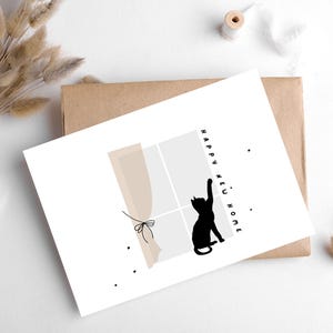 HAPPY NEW HOME C A T Card van Hygge Cards, myhyggeshop.com/ Ik wens je dierbaren het beste terwijl ze zich vestigen in hun nieuwe ruimte/