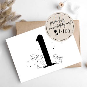 Carte d'anniversaire avec un nombre et un lapin de Hygge Cards, myhyggeshop.com / Célébrez la beauté du vieillissement avec notre carte d'anniversaire avec nombre/