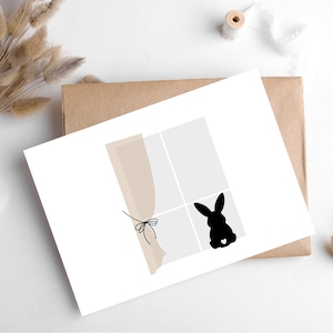 CARTE FENÊTRE ET LAPIN/ de Hygge Cards, myhyggeshop.com/ Pour envoyer une carte de Pâques attentionnée ou à quelqu'un qui adore les lapins/