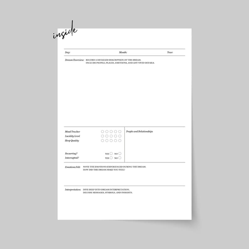 May include: A black and white printable dream journal page with sections for recording dream details, mood tracker, people and relationships, emotions felt, and interpretation. The page includes the text "inside" at the top and "RECORD A DETAILED DESCRIPTION OF THE DREAM INCLUDE PEOPLE, PLACES, EMOTIONS, AND ANY VIVID DETAILS" in the dream overview section.