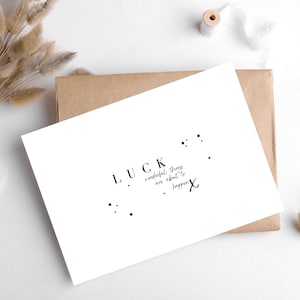 Cartão LUCK/ da Hygge Cards, myhyggeshop.com/ Este cartão simples e elegante apresenta uma mensagem sincera: coisas maravilhosas estão prestes a acontecer//