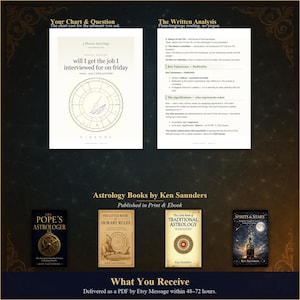 May include: An astrology reading document featuring a circular chart and written analysis, alongside four book covers titled The Pope's Astrologer, The Little Book of Horary Rules, The Little Book of Traditional Astrology, and Spirits & Stars.