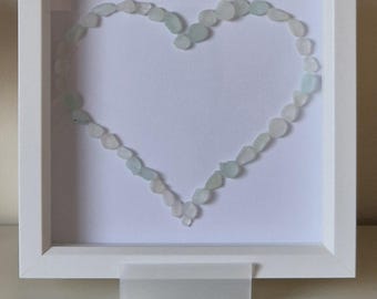 Framed Sea Glass Picture: Handmade Seaside Pebble Art, beach glass, sea glass picture, heart picture, sea glass art, sea glass heart,