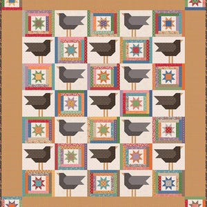 May include: A patchwork quilt featuring a repeating pattern of stylized birds and starburst blocks. The birds are dark gray, set against a cream background, and framed by colorful squares. The quilt has a brown border.