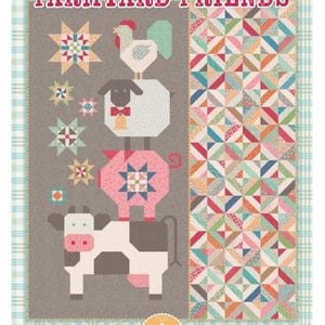May include: A patchwork quilt with the text "FARMYARD FRIENDS" at the top. The quilt features a cow, pig, sheep, and rooster stacked on top of each other. The quilt has a gray background with colorful star and geometric patterns.
