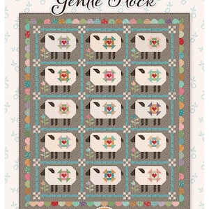 May include: A patchwork quilt titled "Gentle Flock" featuring a repeating pattern of sheep with heart-shaped details. The quilt has a gray background with a decorative border and the text "Gentle Flock" in script.