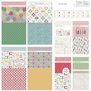 May include: A collection of fabric panels with various patterns and designs. The panels feature floral, geometric, and sewing-themed motifs in a variety of colors, including pink, green, blue, and yellow. Some panels include text such as "Instructions" and "Happiness is a Bobbin."