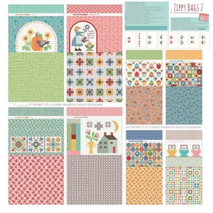 May include: A collection of fabric panels with various patterns and designs. The panels feature floral, geometric, and illustrated motifs, including sunflowers, a house, and a woman watering flowers. The color palette includes shades of blue, green, pink, and yellow.